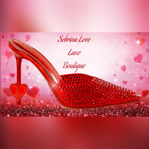 Red Rhinestone Transparent Luxe Women's Mule Heels - Picture 1 of 6